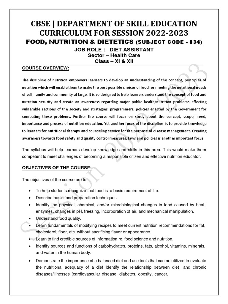 CBSE Class XI Food and Nutrition Syllabus | PDF | Dietitian | Diet ...