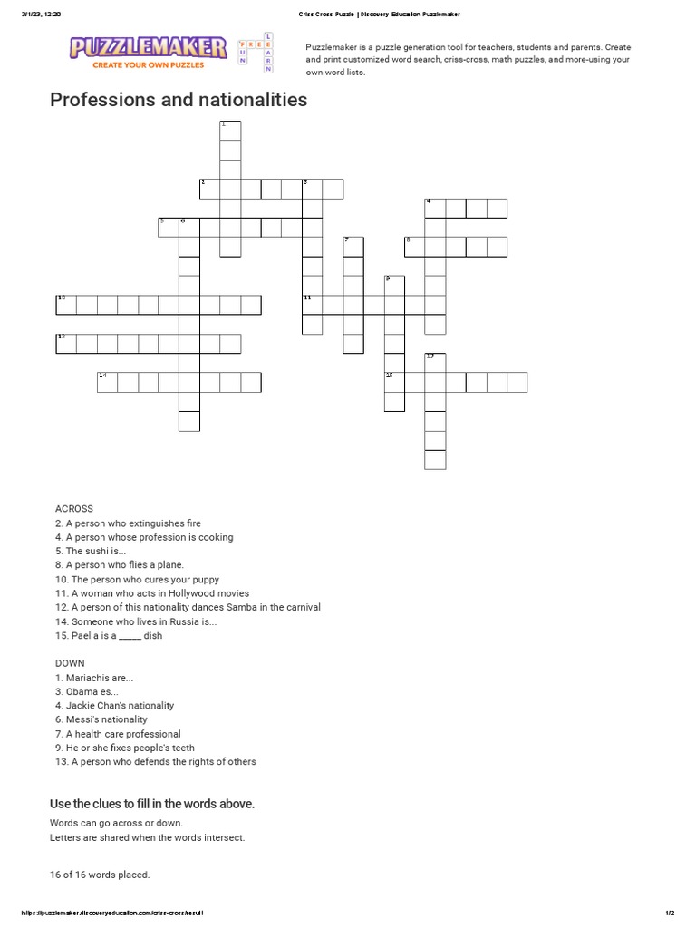 Criss Cross Puzzle Discovery Education Puzzlemaker PDF