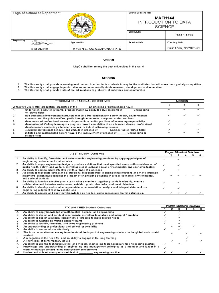 MATH144 Data Science Course Syllabus | PDF | Engineering | Academic ...