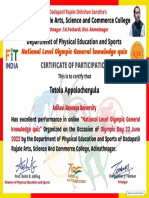 Certificate For Tatolu Appalacharyulu For - NATIONAL LEVEL OLYMPIC GE...