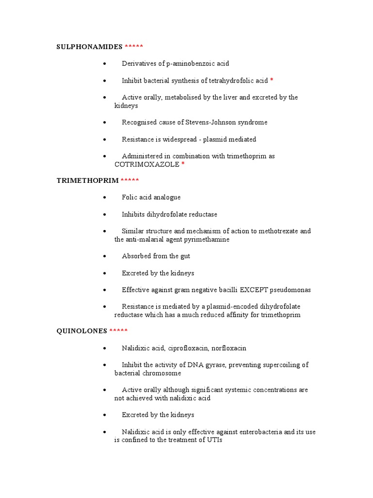 Sulphonamides, Trimethoprim, Quinolones and Antibiotics for Anaerobes