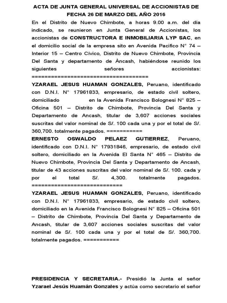 Acta Junta Accionistas LYP SAC 2016 | PDF | Economias
