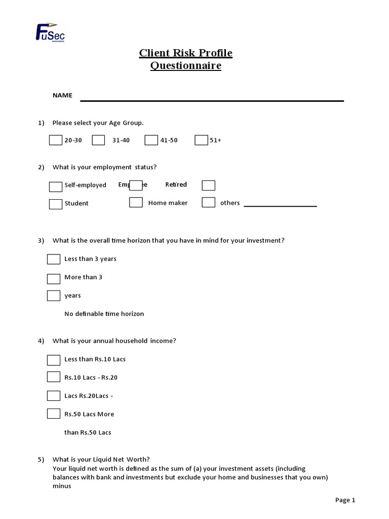 Client Risk Profile Questionnaire | PDF | Investing | Banks