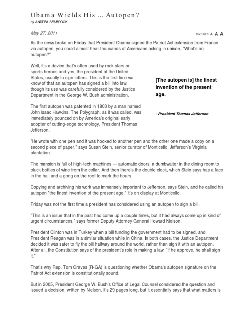 Obama Signs Patriot Act via Autopen | PDF | Presidents Of The United ...