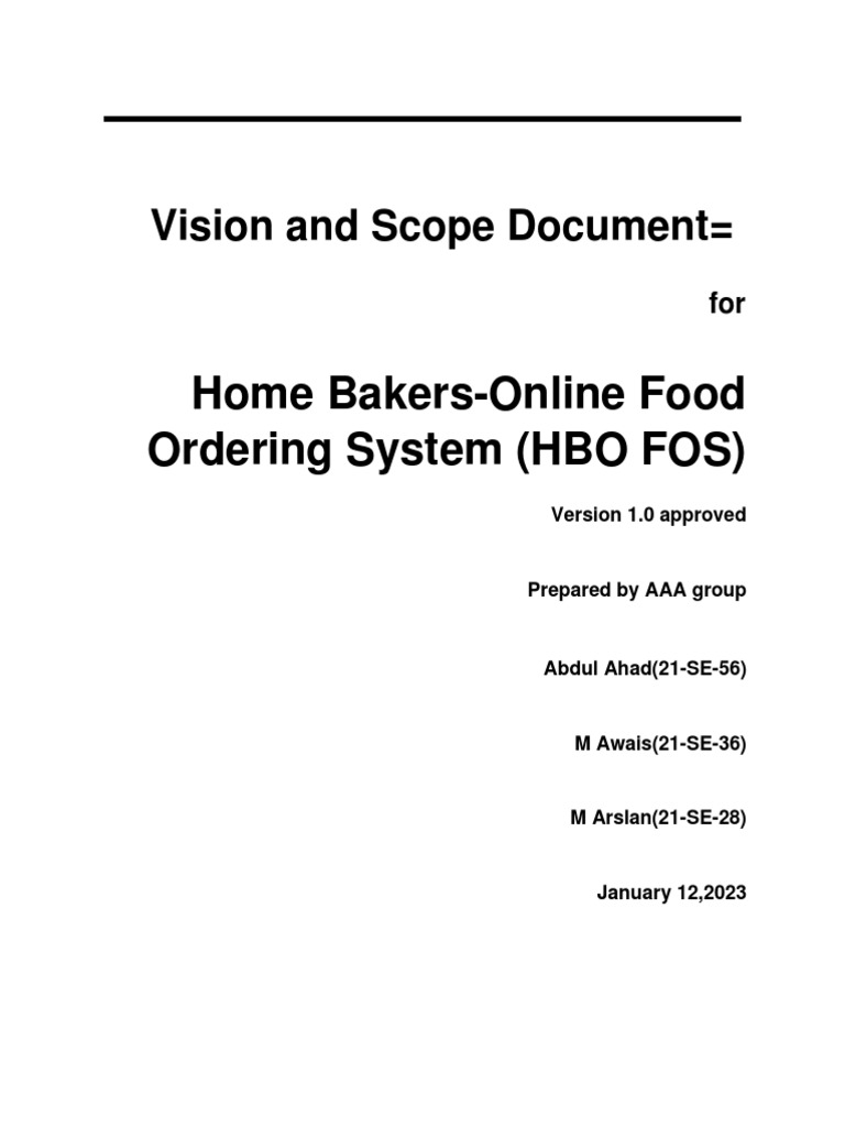 Home Food Ordering System (HBO FOS) Vision and Scope