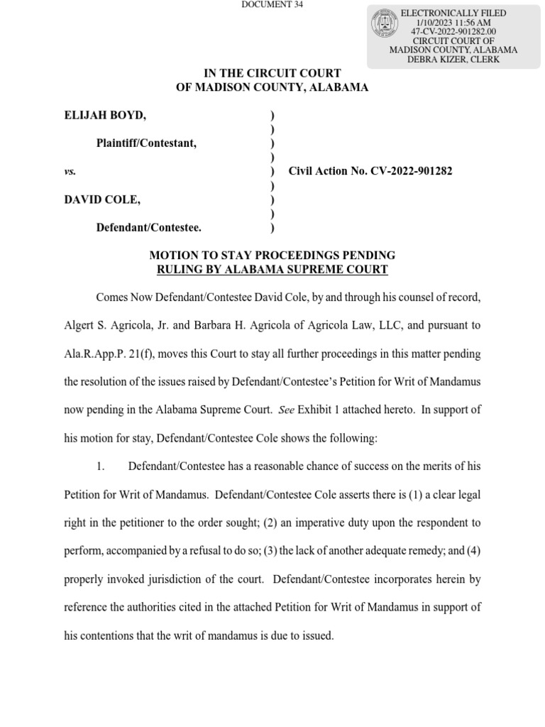 Cole Supreme Court Motion PDF Mandamus Virginia Circuit Court