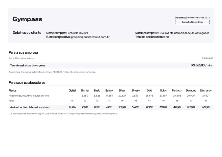 Gympass - Preço p.20 Pessoas | PDF