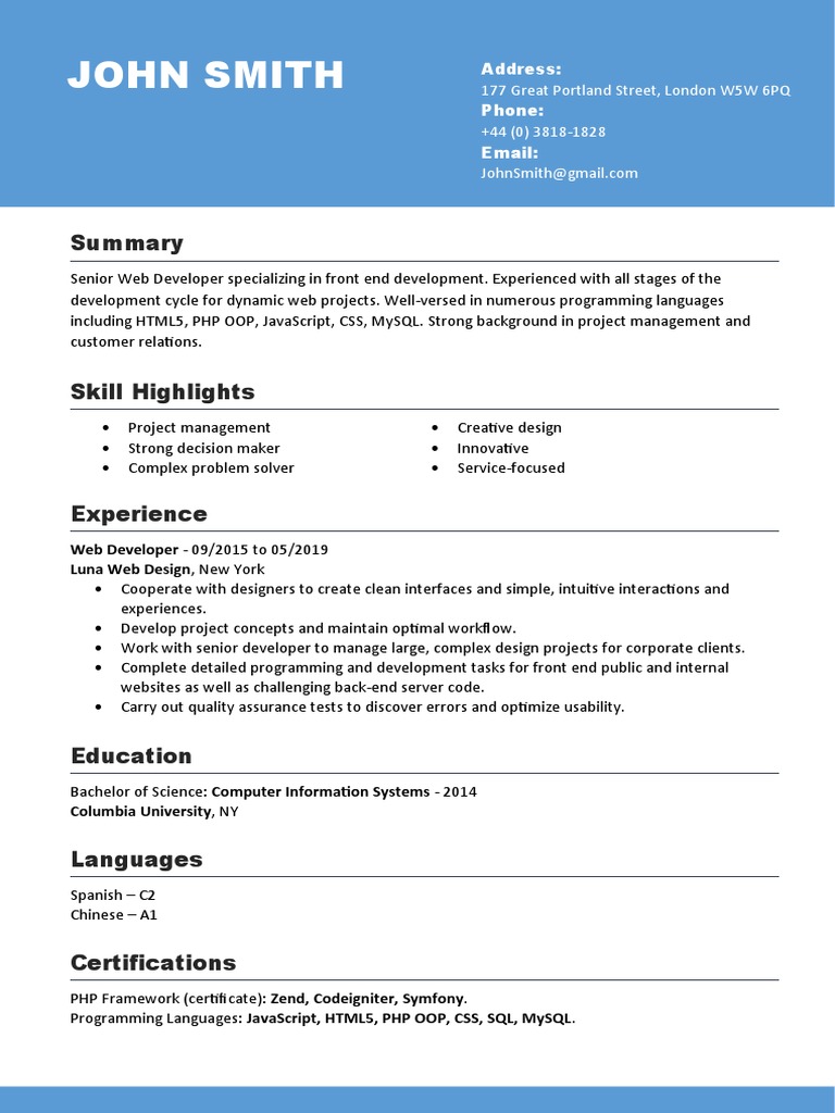 Canadian CV Template for Developers | PDF