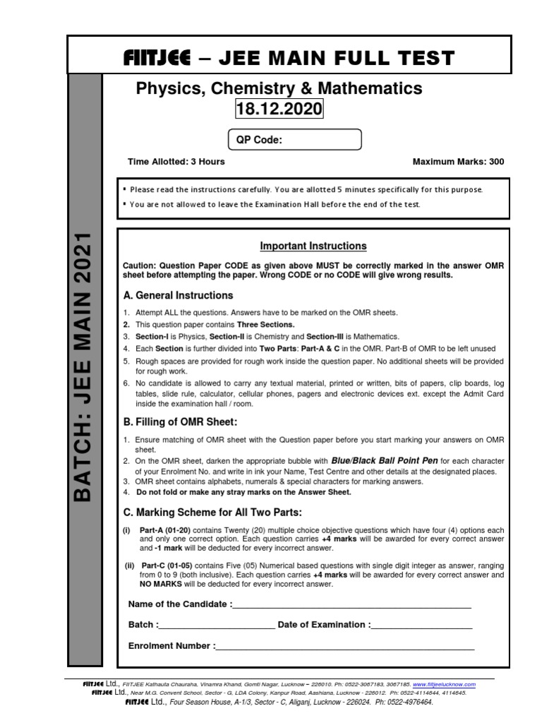 JEE Main Full Test - 8 (18.12.20) With Answer Key | PDF | Chemistry ...