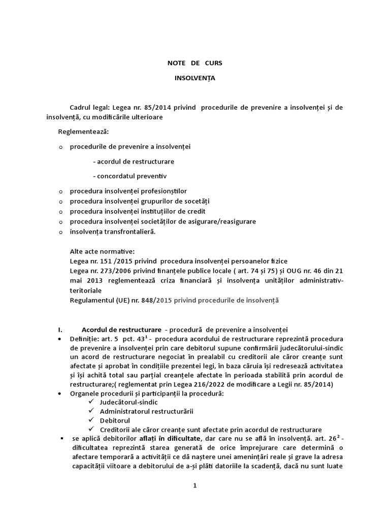 CURSUL 13 Note de Curs. Insolventa. ASE | PDF