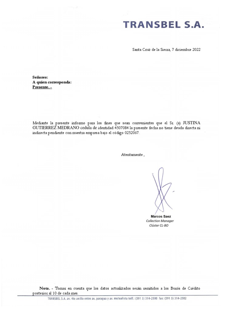 Señores: A Quien Corresponda: Presente. | PDF