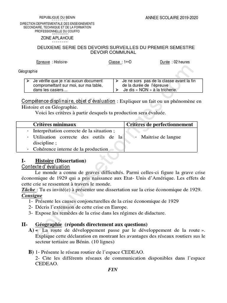 Devoir Commun Histoire géographie 3ème 2022 2ème Devoir Du 1er Semestre Histoire-Geographie 1ere D 2019-2020 Ceg  Aplahoue | PDF