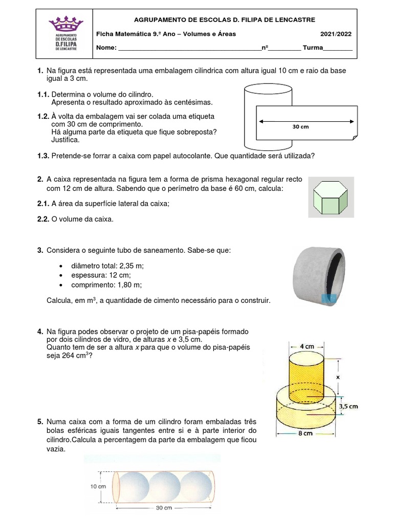 Ficha de exercícios sobre volumes, áreas e capacidades de diferentes ...