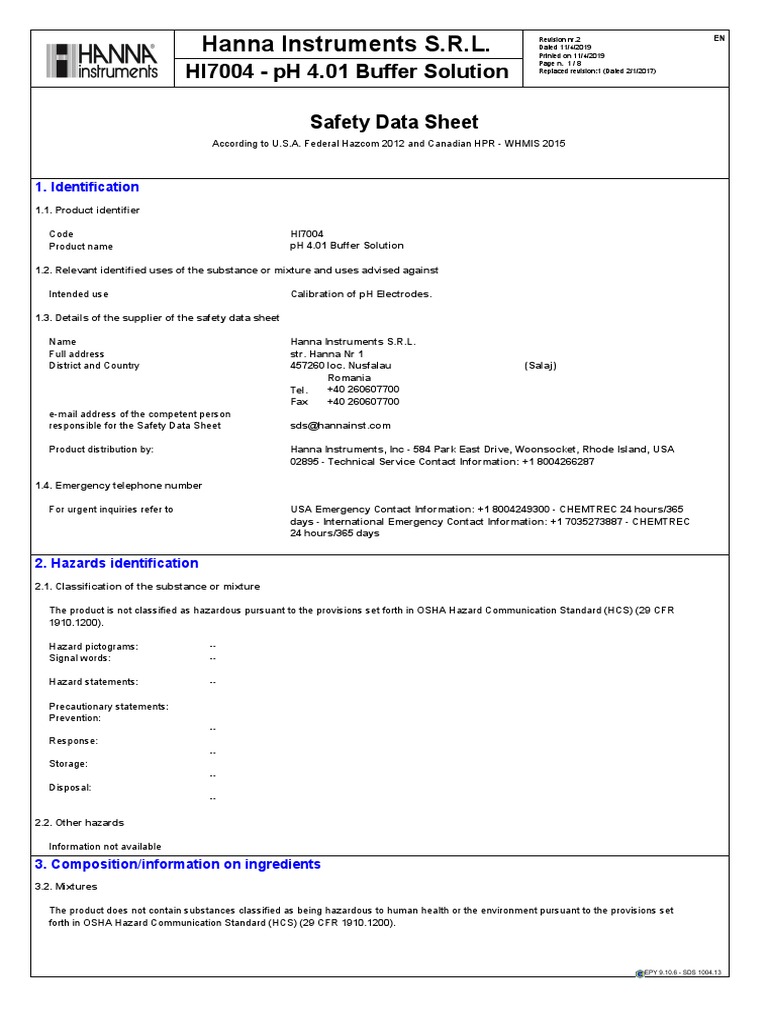 Buffer PH 4 HI 70004 PDF Dangerous Goods Toxicity