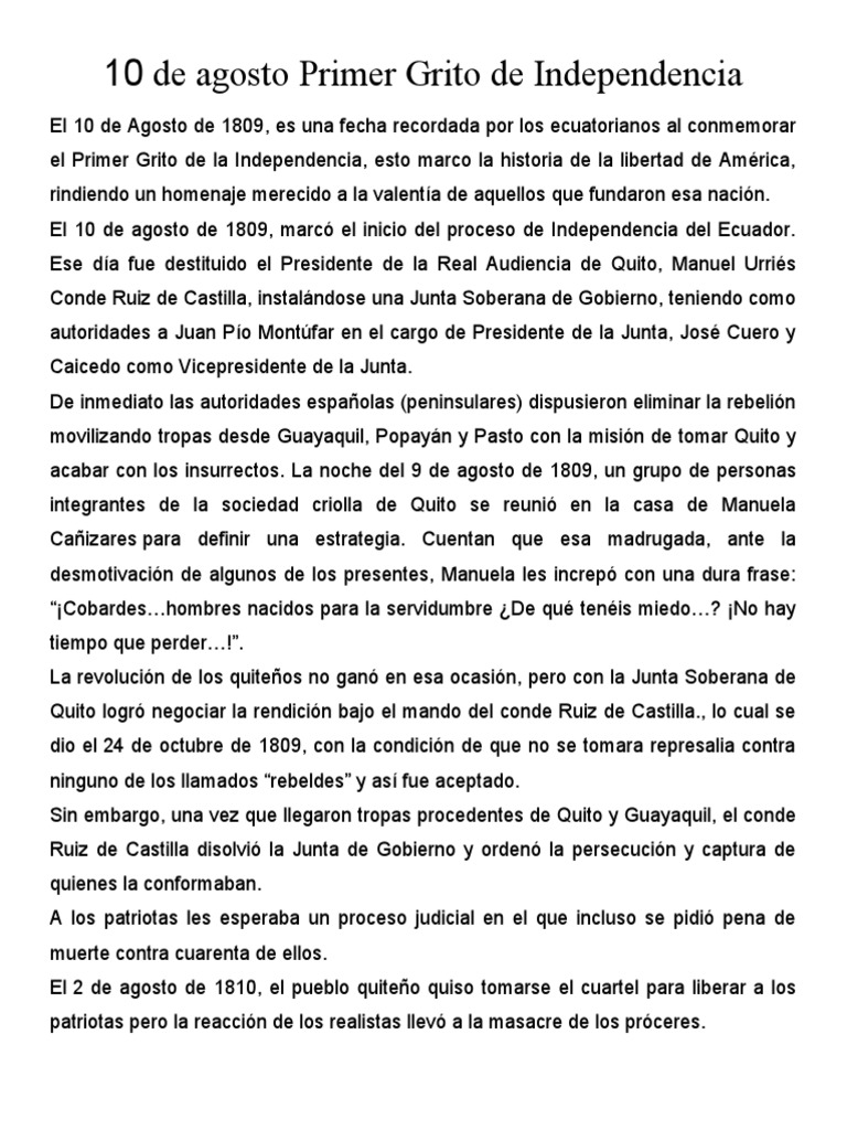 El Primer Grito de Independencia del Ecuador y sus consecuencias