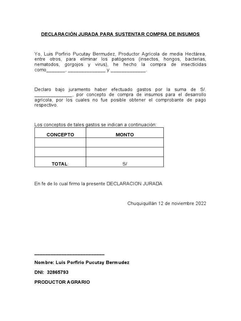 Declaración Jurada Compra Insumos Agrícolas | PDF | Finanzas y dinero ...
