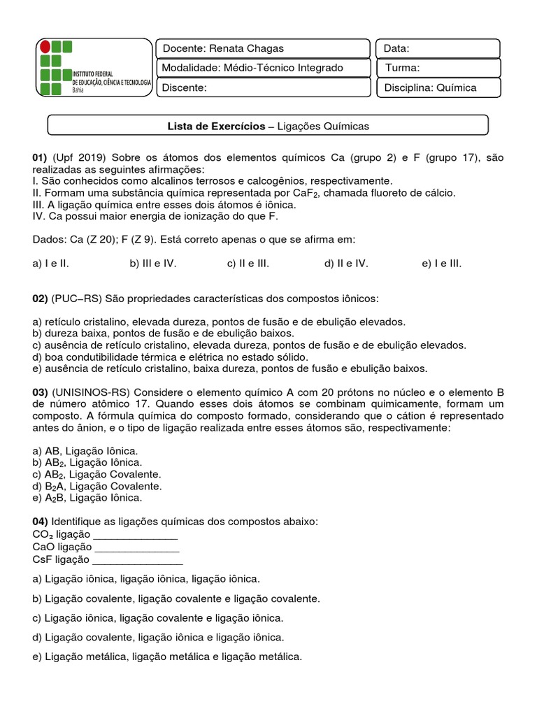 Lista De Exercícios Ligações Químicas Pdf Ligação Química