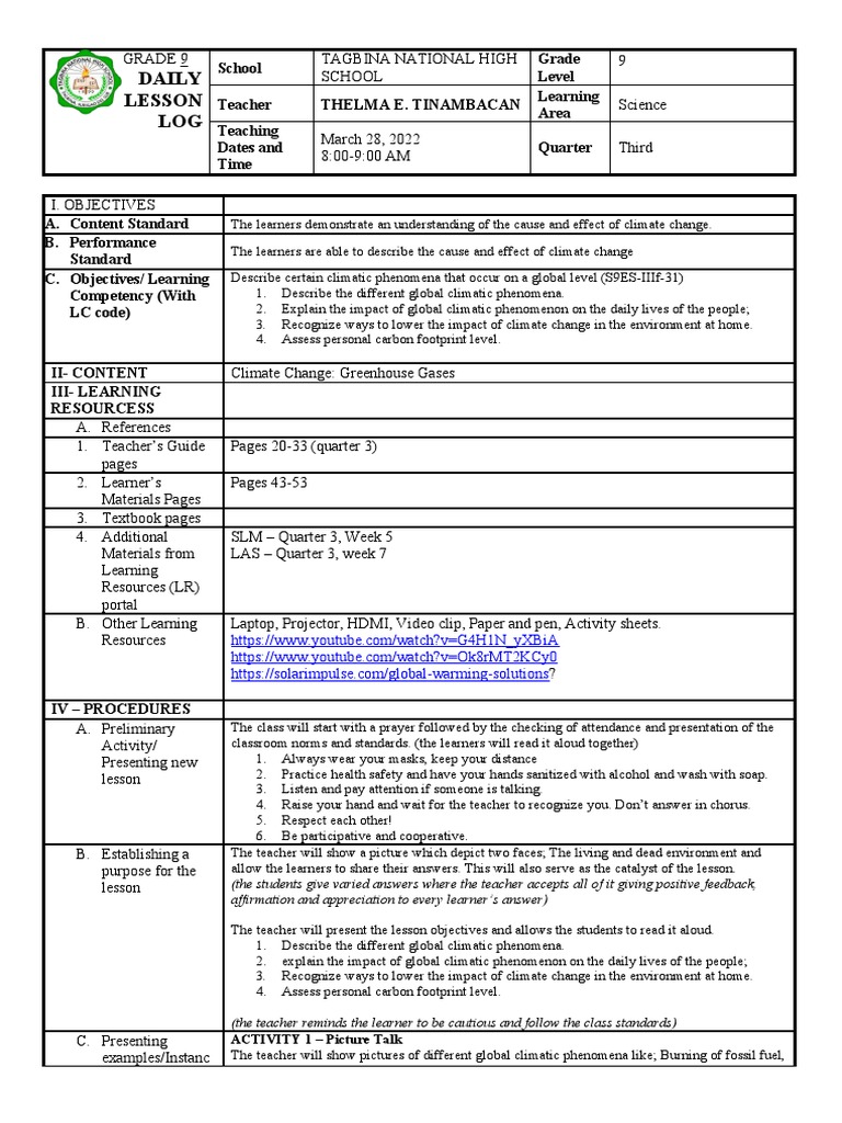 Grade 9 Climate Change Lesson Plan | PDF | Climate Change | Learning