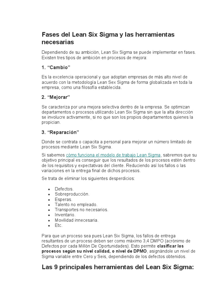 Fases y herramientas del Lean Six Sigma | PDF | Six Sigma | Lean ...