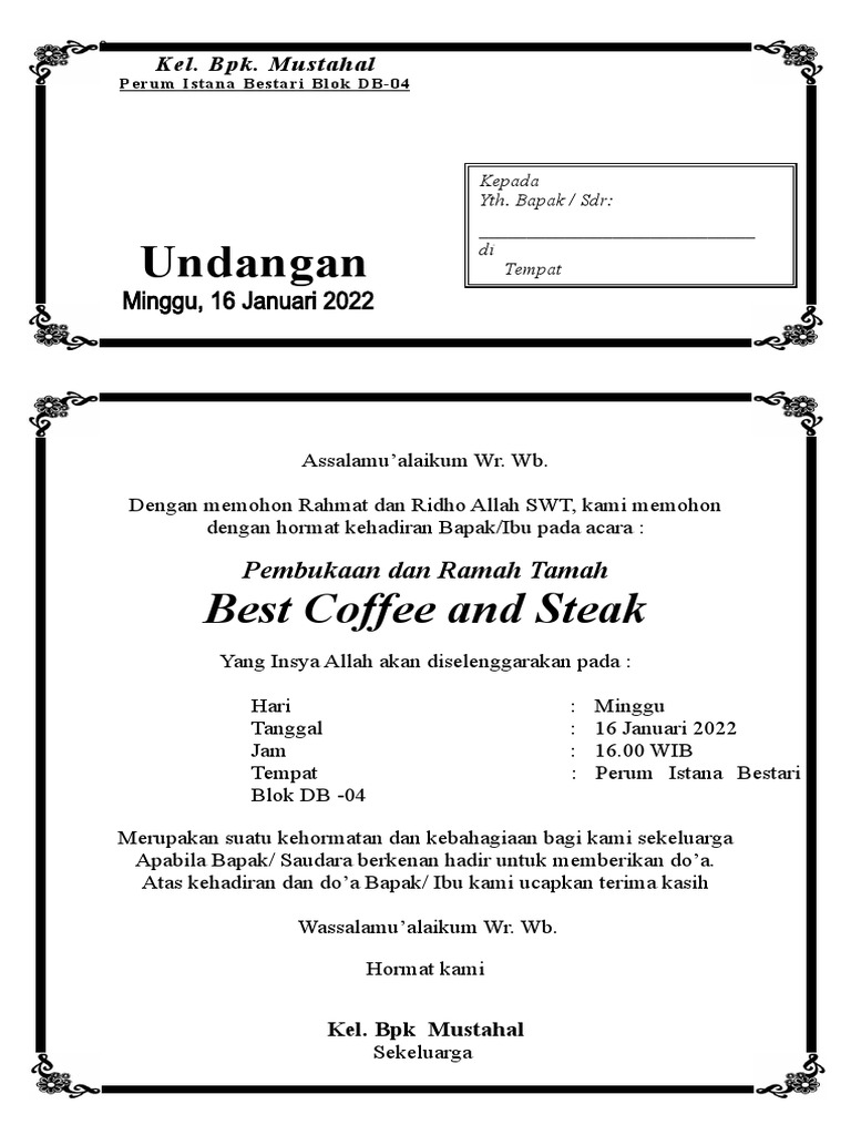 Undangan Pembukaan dan Ramah Tamah Best Coffee and Steak | PDF
