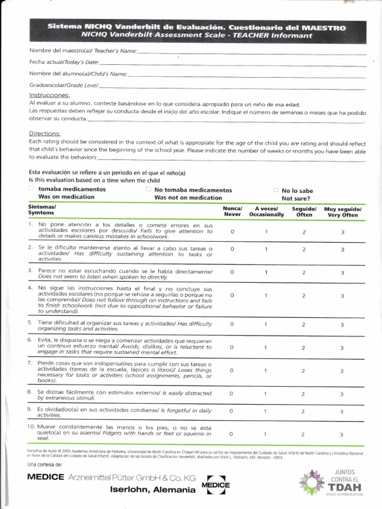 Escala Vanderbilt para Evaluación Escolar | PDF