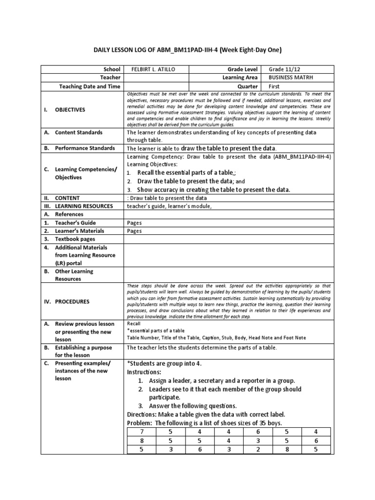 Drawing Tables to Present Data A Lesson Plan on Constructing Frequency