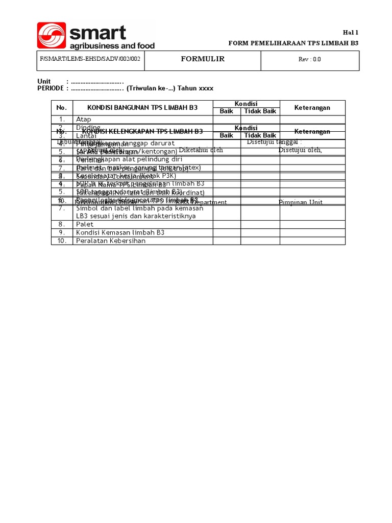 Formulir Pemeliharaan TPS Limbah B3 | PDF