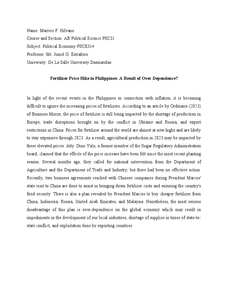 Fertilizer Price Hike in Philippines A Result of Over Dependence PDF