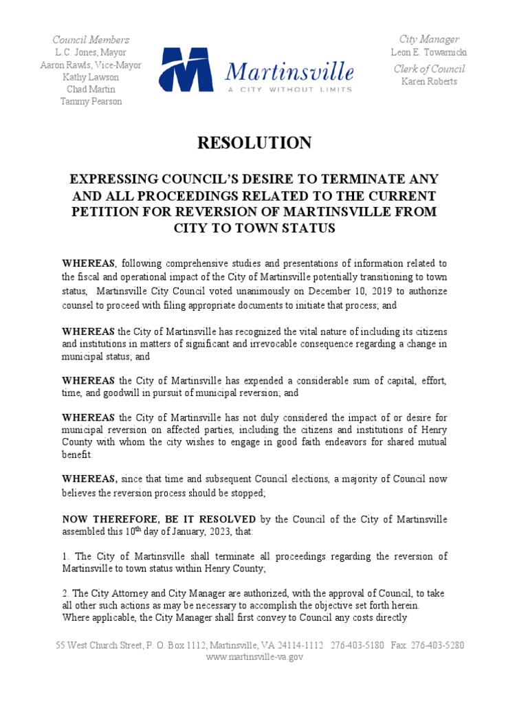 Resolution To End Reversion - City of Martinsville 1/10/2023 | PDF ...