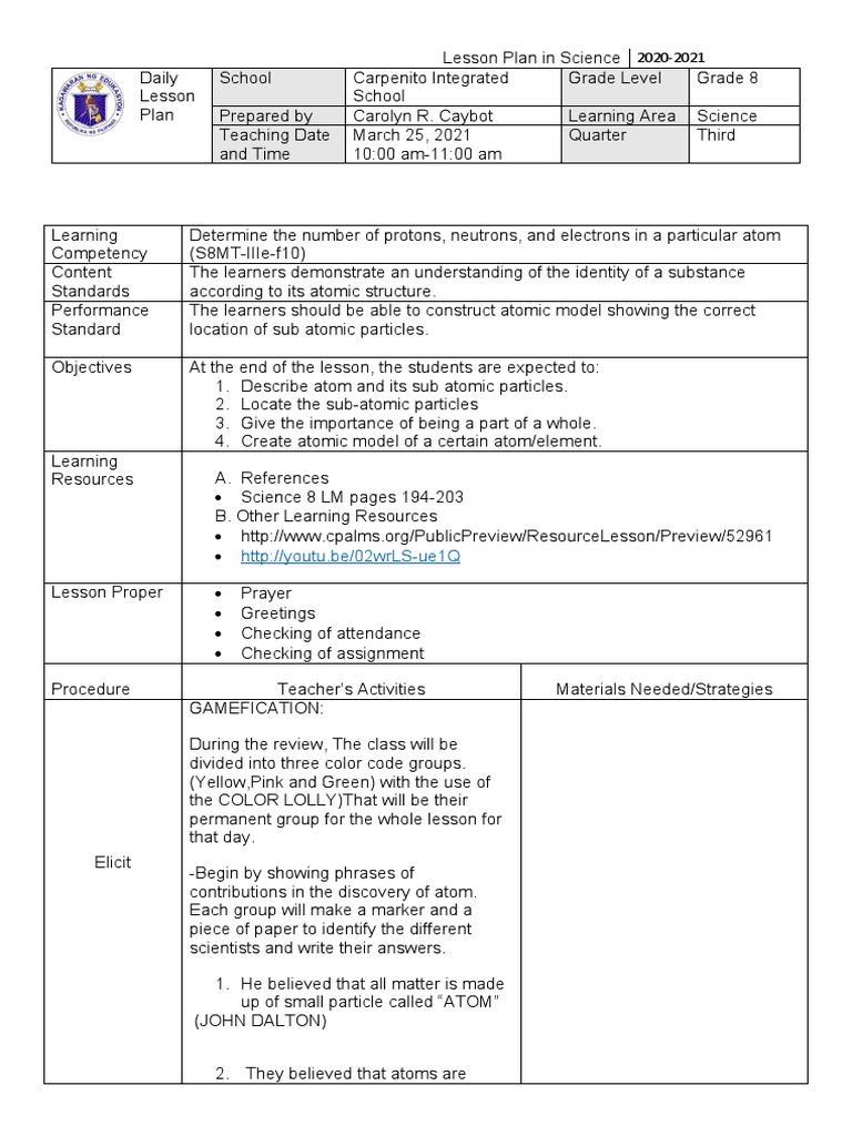 Grade 8 Atomic Structure Lesson Plan | PDF | Atoms | Matter