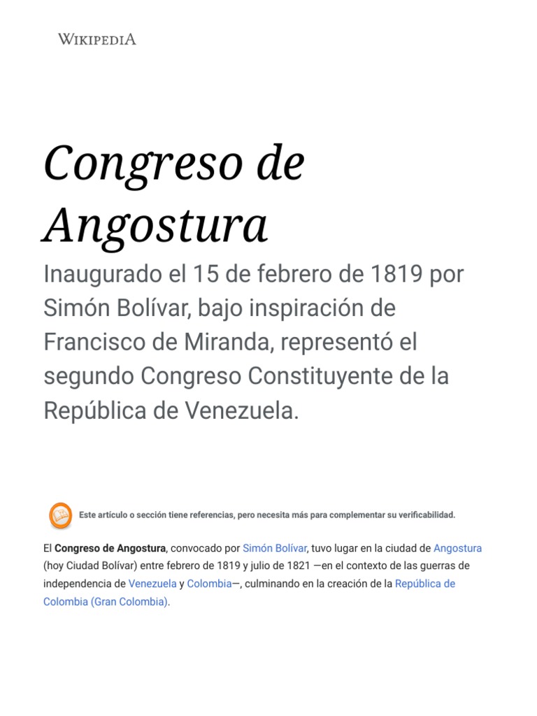 Congreso de Angostura Wikipedia, La Enciclopedia Libre PDF