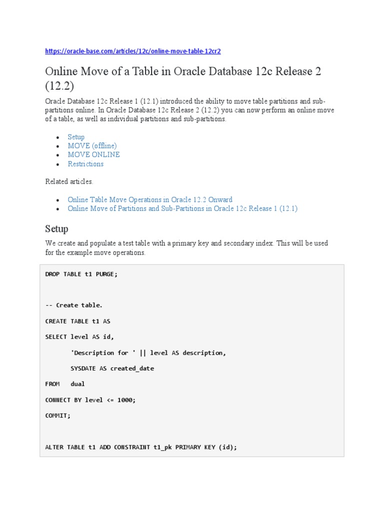 Oracle 12.2: Online Table Move Guide | PDF | Database Index | Table ...