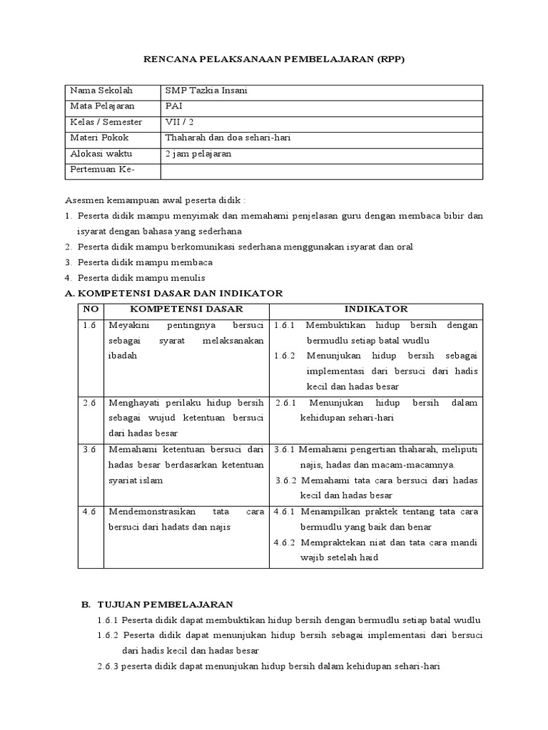 RPP Inklusi - Kelas 7 Pai | PDF
