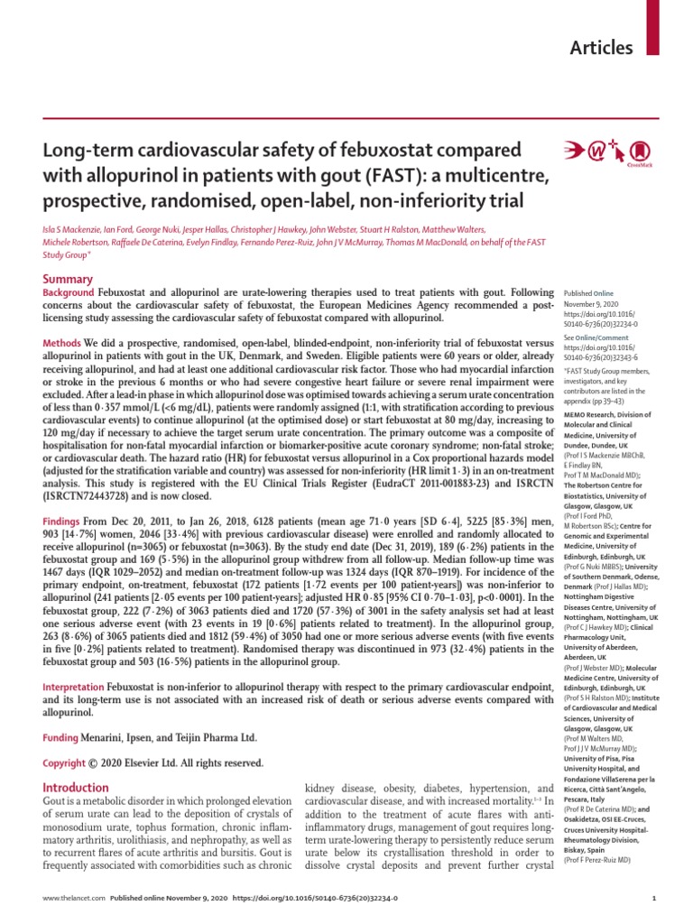 Febuxostat Vs Alopurinol | PDF | Myocardial Infarction | Gout