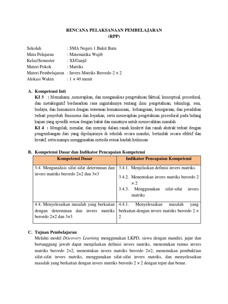 RPP Matematika: Invers Matriks 2x2 | PDF | Metode & Bahan Ajar | Sains ...