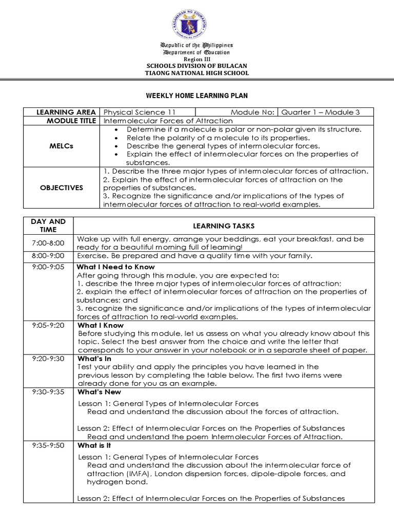 Intermolecular Forces Learning Plan | PDF | Intermolecular Force ...