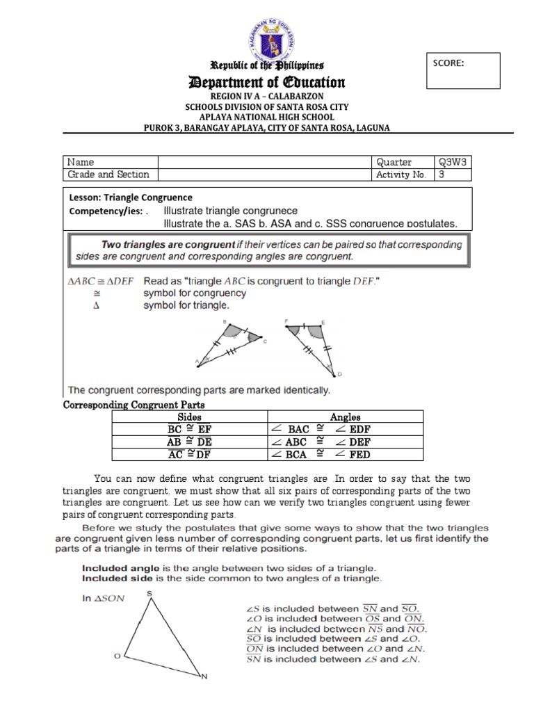 Triangle Congruence Lesson Plan | PDF | Mathematics | Elementary Geometry