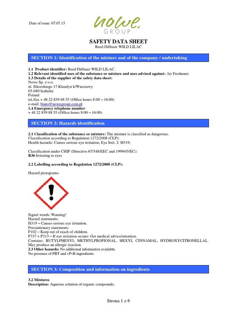 Safety Data Sheet for Reed Diffuser Wild Lilac Provides Comprehensive