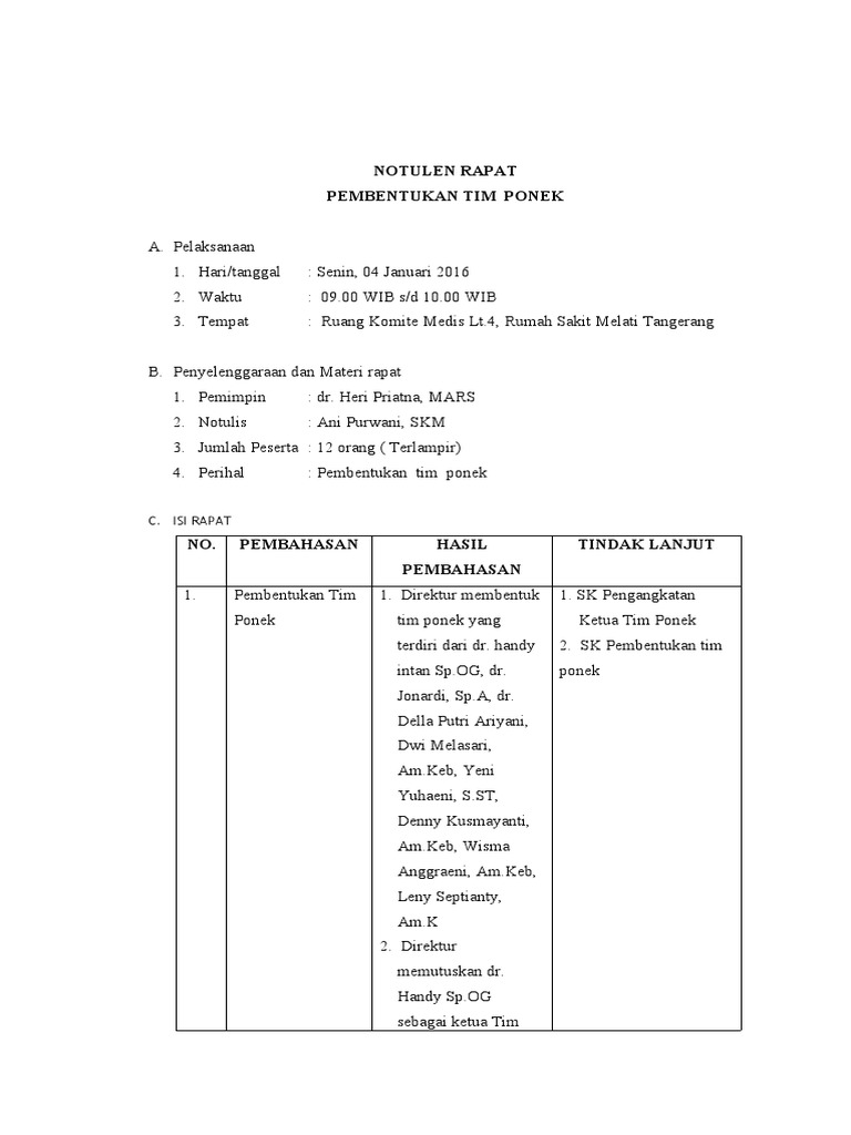 Notulen Pembahasan Pembentukan Tim Ponek | PDF
