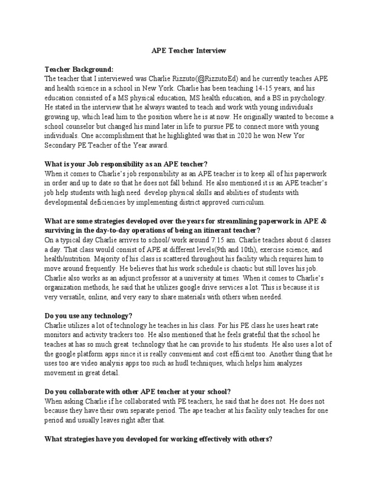 Insights from APE Teacher Charlie Rizzuto | PDF | Teachers | Classroom ...