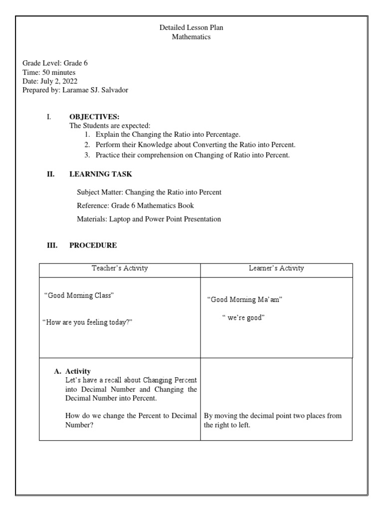 Detailed lesson plan mathematics grade l pdf lesson plan percentage
