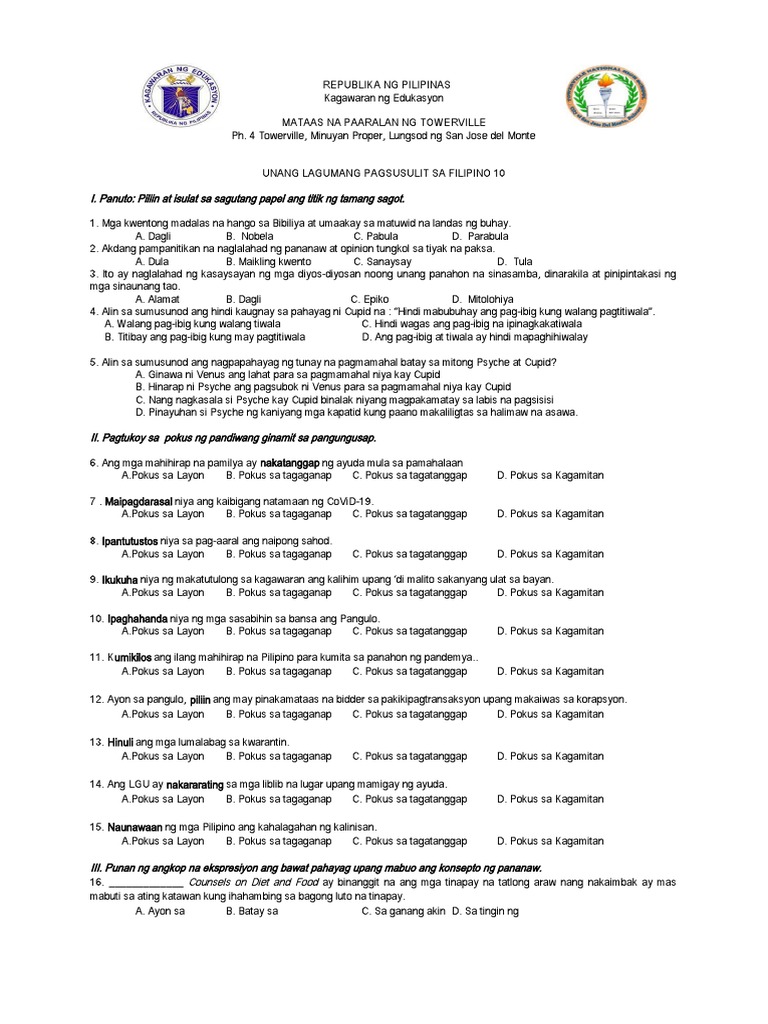 Filipino 10 1st Summative Assessment PDF