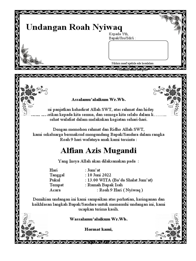 Contoh Surat Undangan Tahlil 3 Hari 7 Hari 40 Hari 100 Hari 1000 Hari | PDF