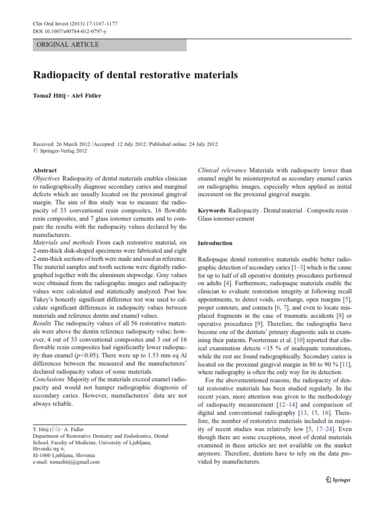 Radiopacity of Restorative Material PDF Dental Composite Dental