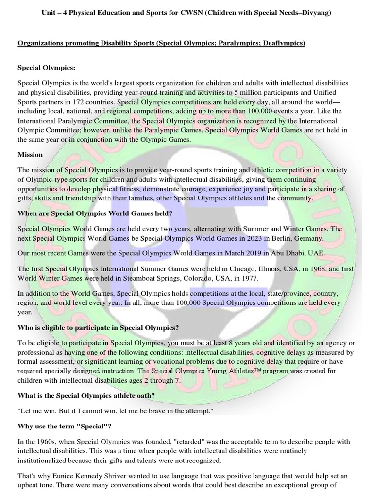 Unit IV. Physical Education & Sports For CWSN (Children With Special ...