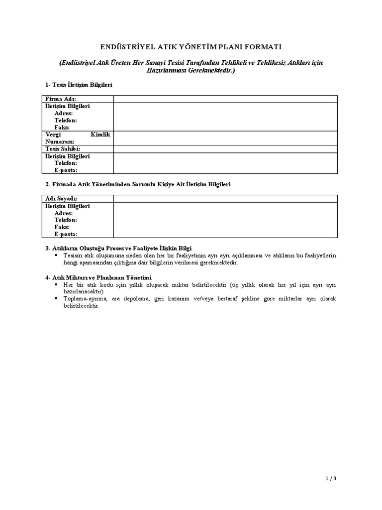 Endustriyel Atik Yonetim Plani Formati 16032019 | PDF