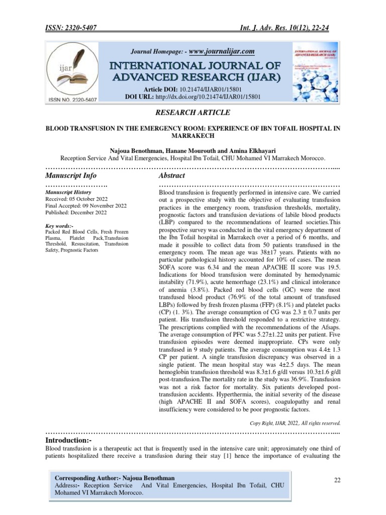Blood Transfusion in The Emergency Room Experience of Ibn Tofail