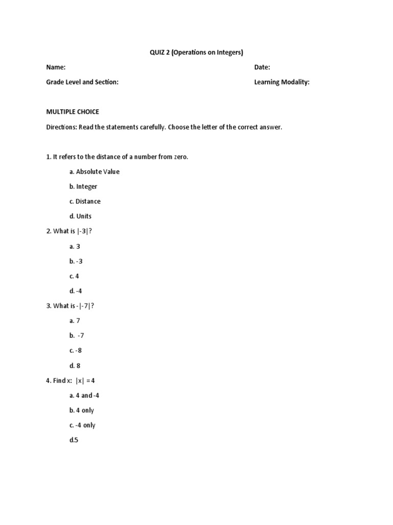 Integer Operations Quiz 2 | PDF | Numbers | Elementary Mathematics