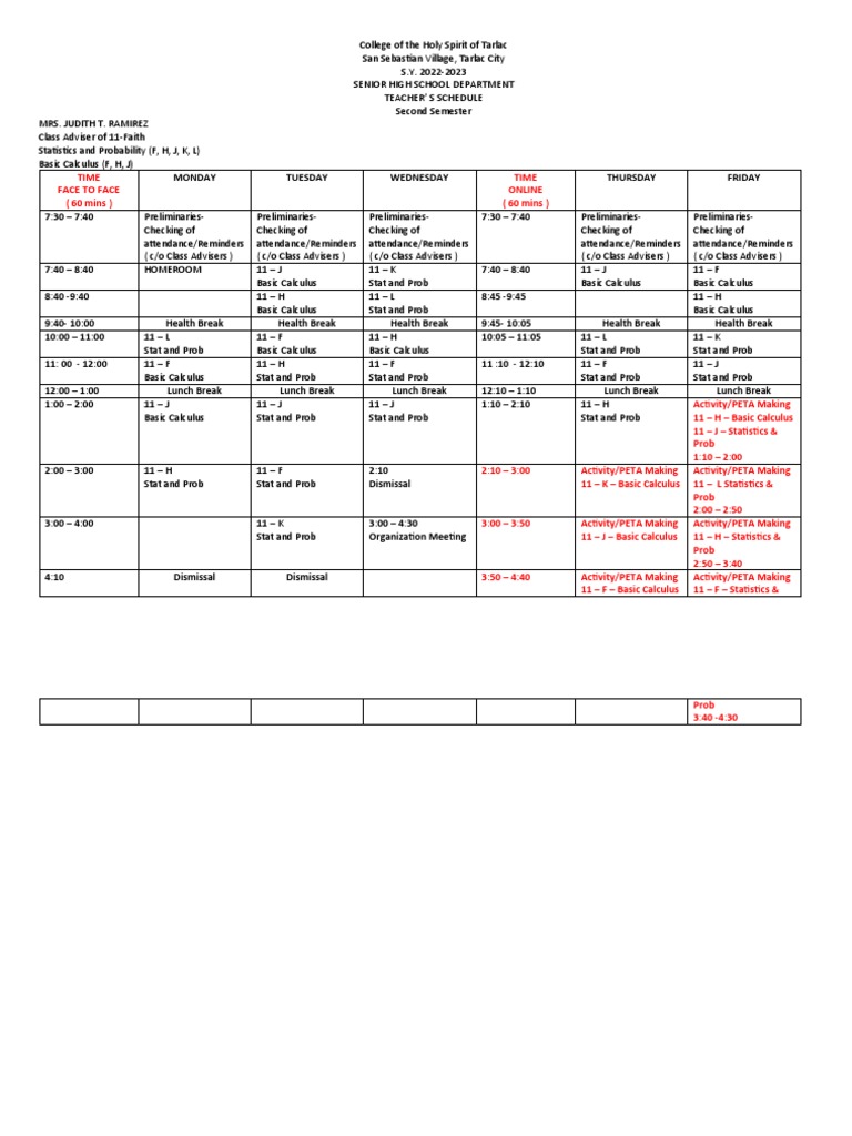 Senior High School Teacher Schedule 2023 | PDF | Academic Term ...