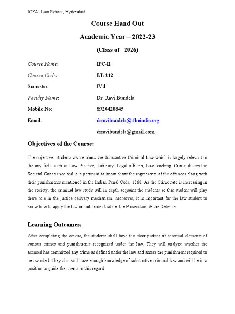 Course Hand Out Ipc-2023 | PDF | Criminal Law | Crimes